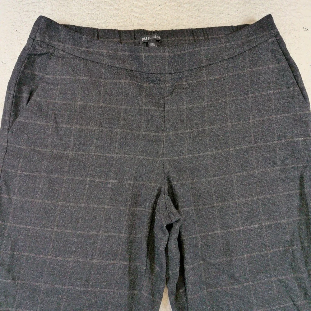 Eileen Fisher Wool Blend Windowpane Plaid Tapered Ankle Pants Gray Womens Medium